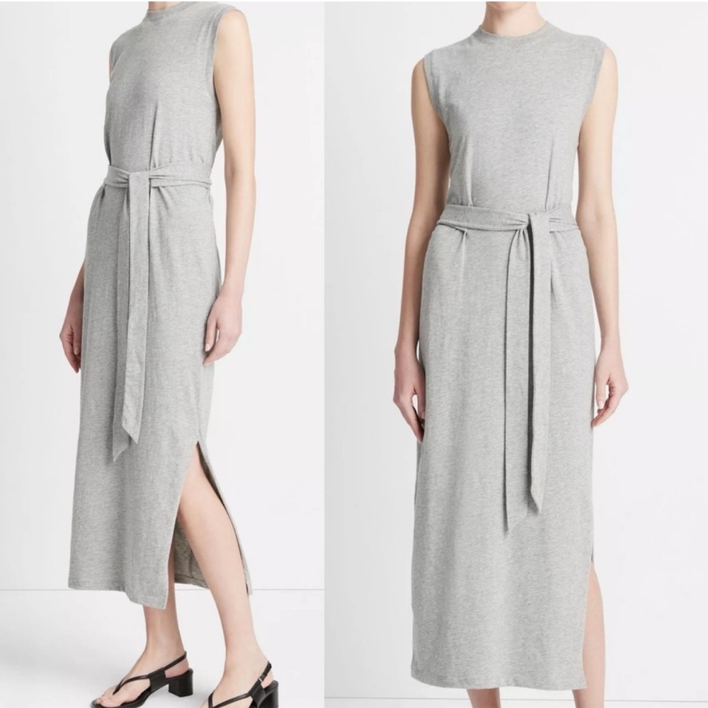 Vince Women's Light Grey Sleeveless Tie Waist Cotton Wrap Dress SZ Large NWT